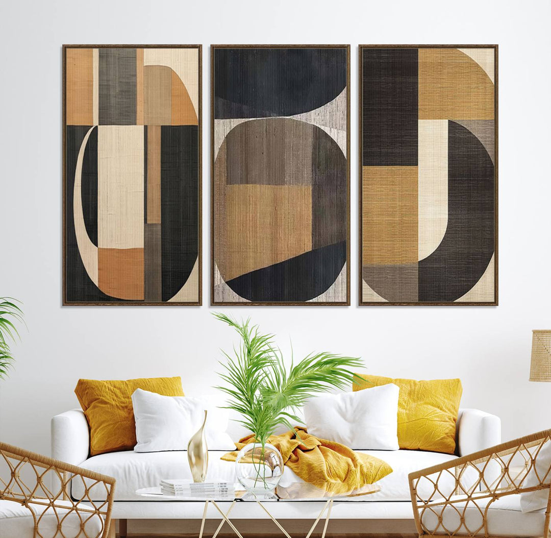 Framed Wabi Sabi Art Print: A modern minimalist geometric canvas featuring earthy tones and overlapping rounded shapes. Ready to hang.