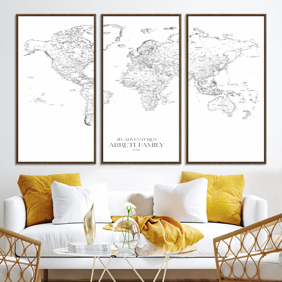 Personalized World Map Wall Art Canvas Print - Custom Push Pin Travel Map Canvas - Framed Map Print for Travel Lover Gift