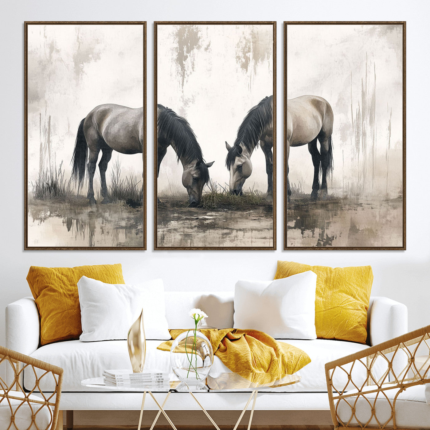 35494-MGV-CV-36X24-Chines Ink Style Vintage Horses Wall Art Canvas Print for Farmhouse Wall Decor