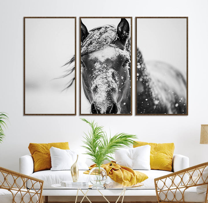 This black and white winter horse wall art enhances any decor; it is ready to hang and framed for a farmhouse or Western style.