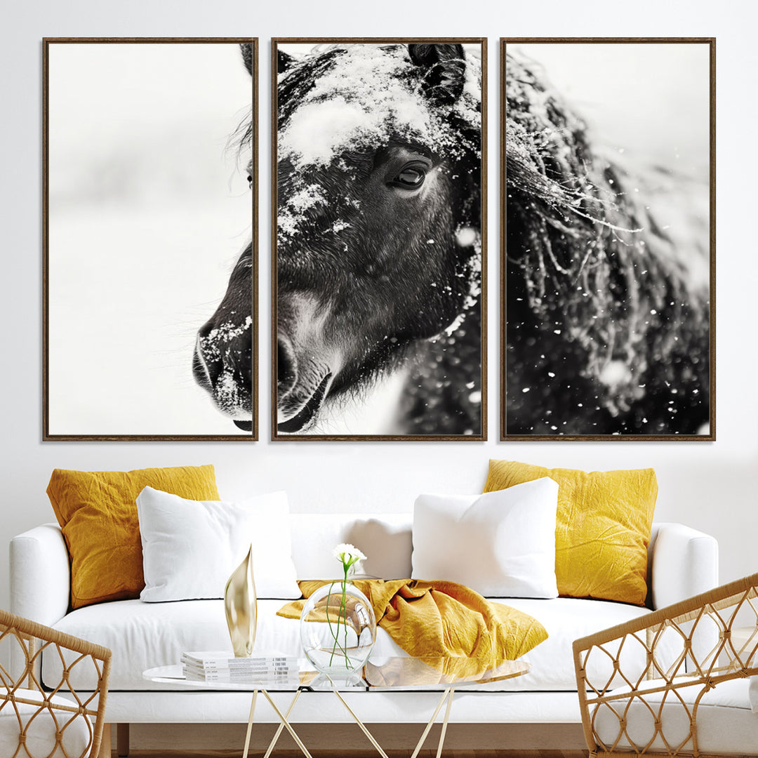 The wall art is a Black and White Horse piece, framed and ready to hang.