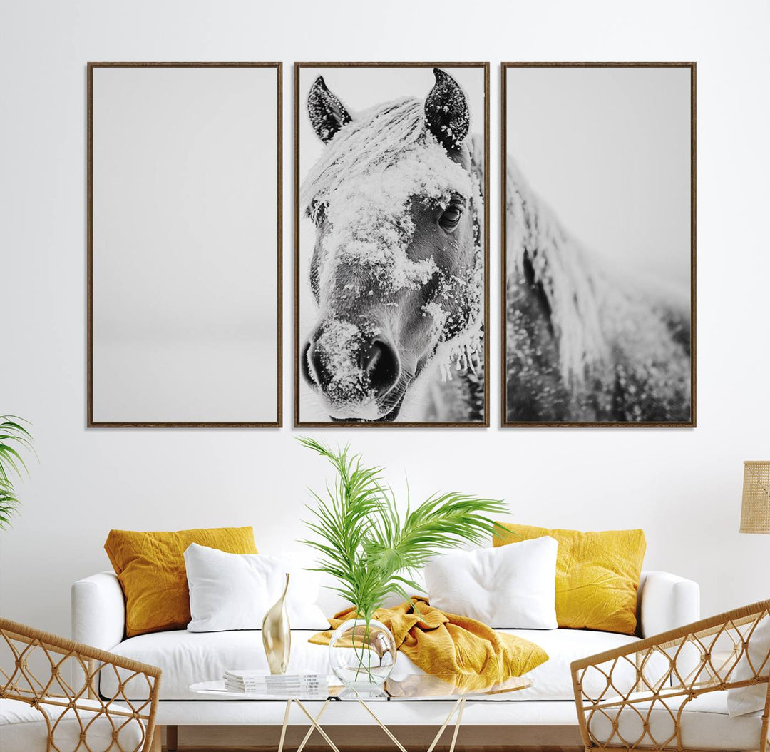 White Horse Wall Art: A black and white photo of a snow-covered horse, framed and ready to hang for farmhouse decor.