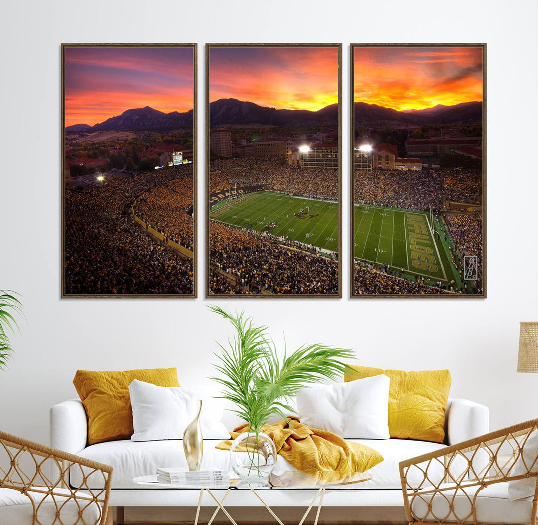 A vibrant mountain sunset at Folsom Field, home of the University of Colorado Football team, is captured in this stunning wall art canvas print.