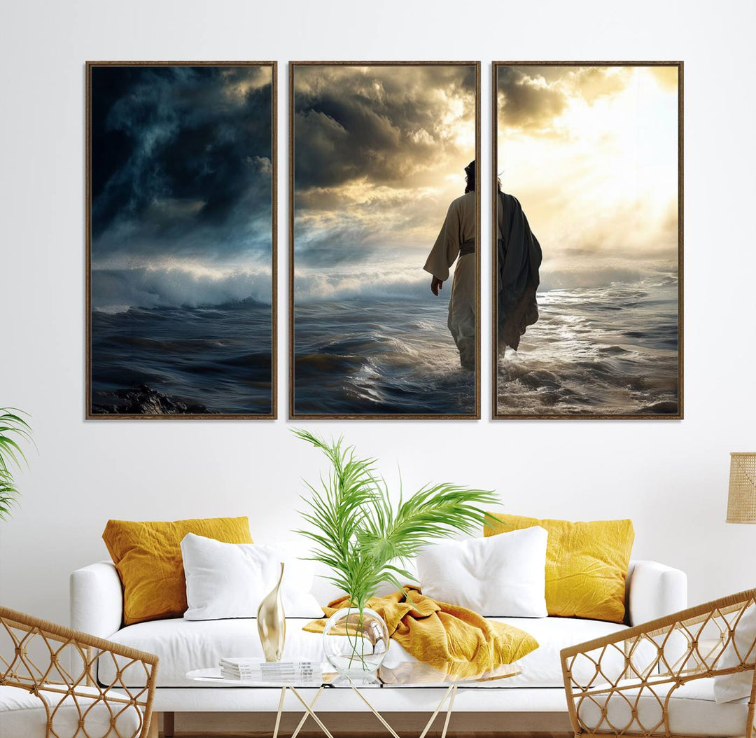 A dramatic sky serves as the backdrop for the Jesus Walking on Water wall art, a perfect piece for Christian home decor.