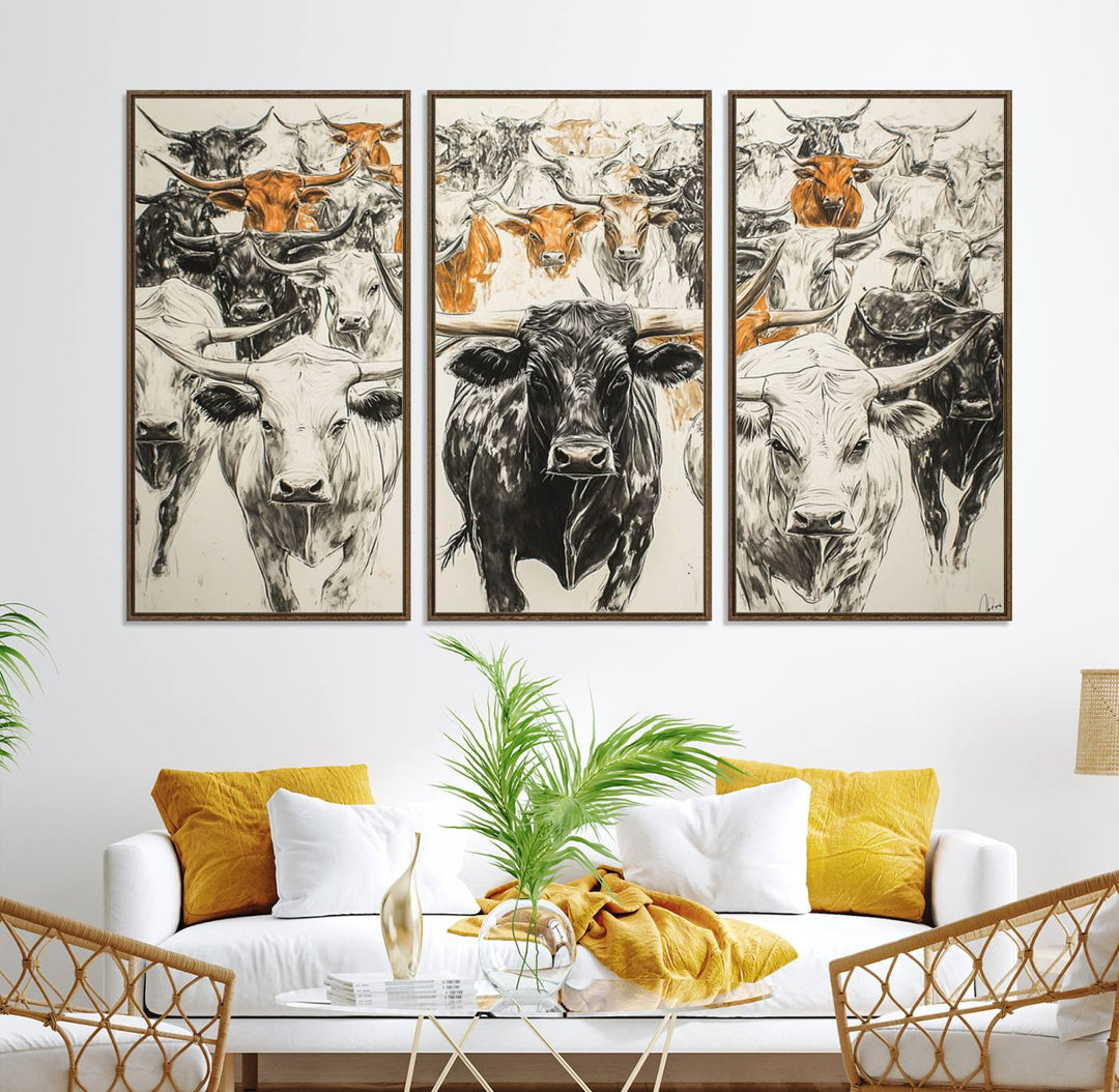 Texas Longhorn Wall Art canvas features cattle artwork with an abstract design, perfect for farmhouse decor on a porch.