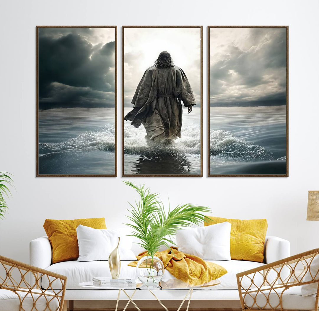 A canvas wall art depicting a figure walking on water beneath dramatic clouds, designed as inspirational religious imagery and ready to hang.