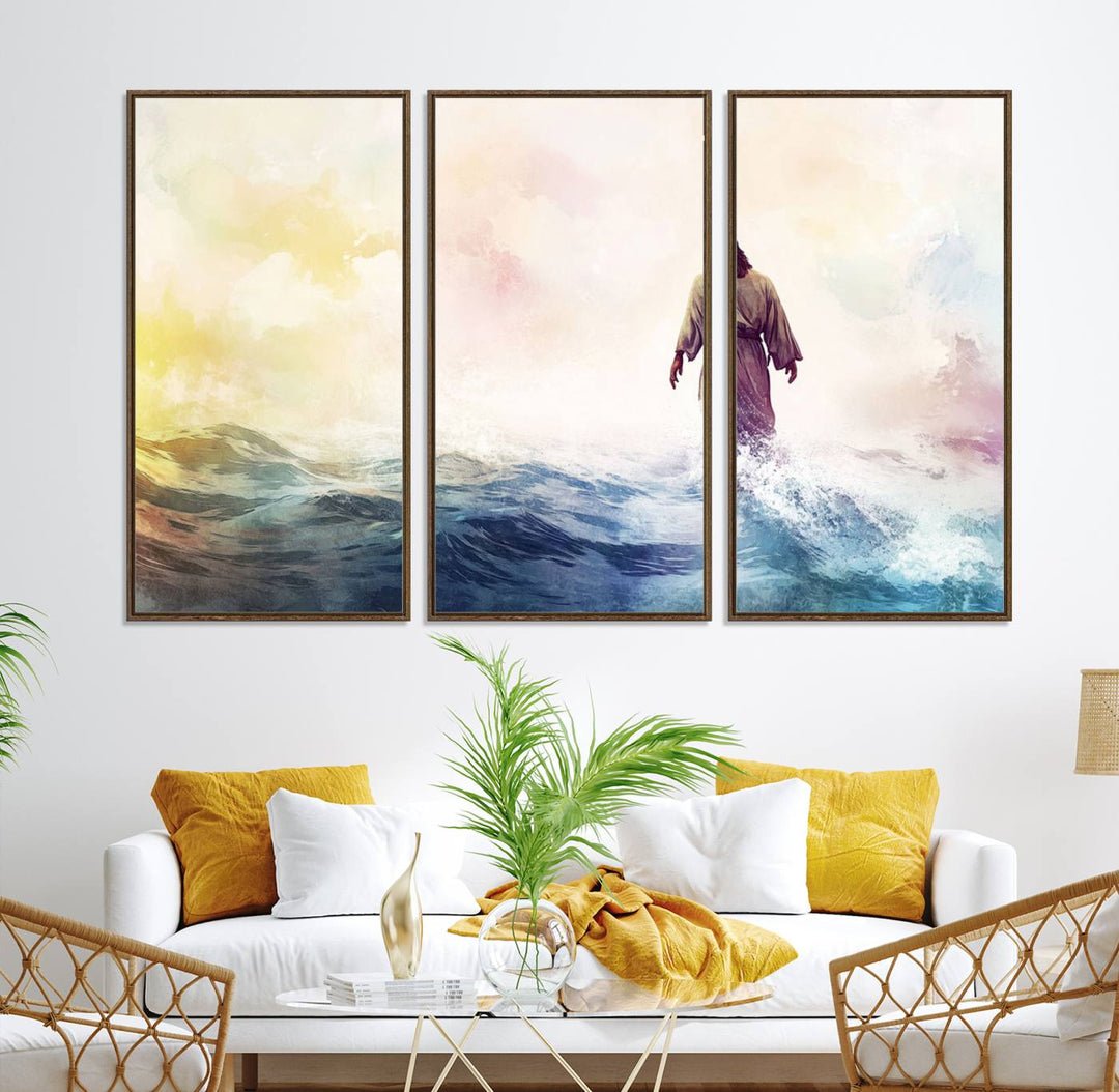 A robed figure strides on water in gentle waves, evoking the Watercolor Jesus Walking on Water canvas art.