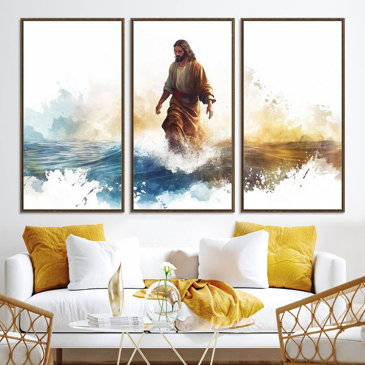 This watercolor canvas print depicts Jesus walking, characterized by abstract splashes against a serene background. It serves as a beautiful piece of Christian wall art.