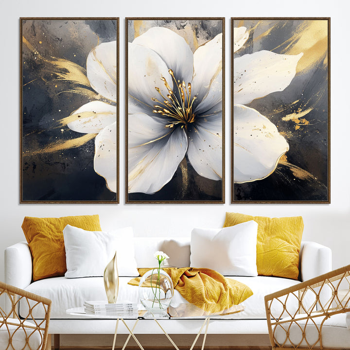 White Flower Wall Art | Canvas Print | Ready to Hang | Abstract Floral Wall Decor | Elegant Bloom Artwork | Framed for Living Room or Bedroom