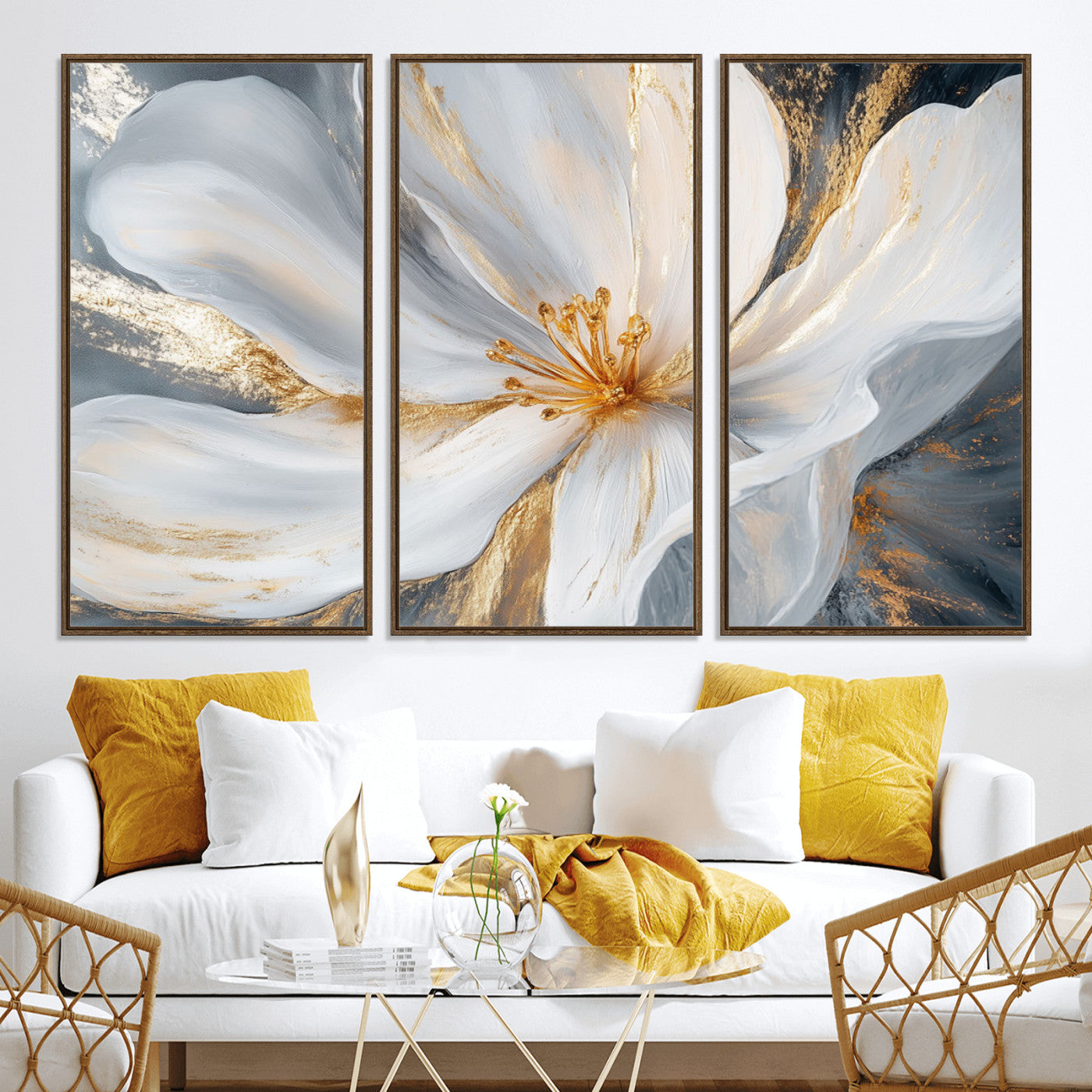 83149-MGV-CV-36X24-White and Gold Floral Canvas Wall Art - Framed and Ready to Hang - Perfect for Modern Living Rooms