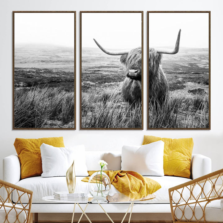 Scottish Highland Cow Wall Art | Black and White Canvas Print | Ready to Hang and Framed | Rustic Farmhouse Wall Decor for Living Room or