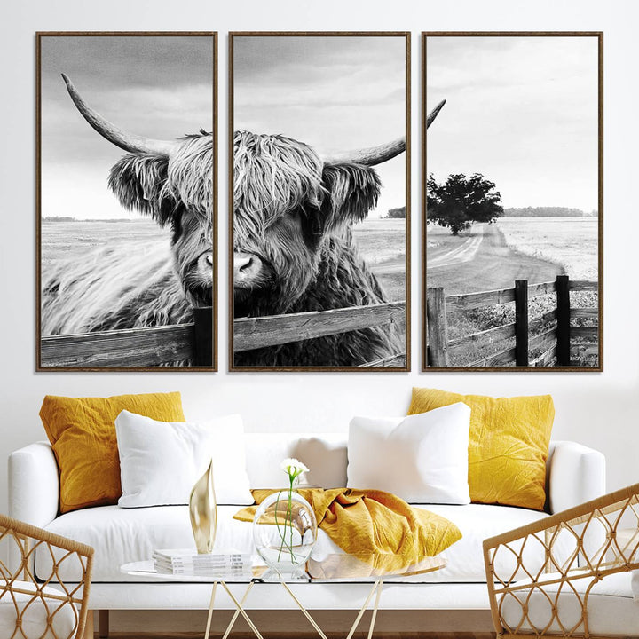 Scottish Highland Cow Wall Art | Rustic Farmhouse Décor | Black and White Ready to Hang Canvas Print