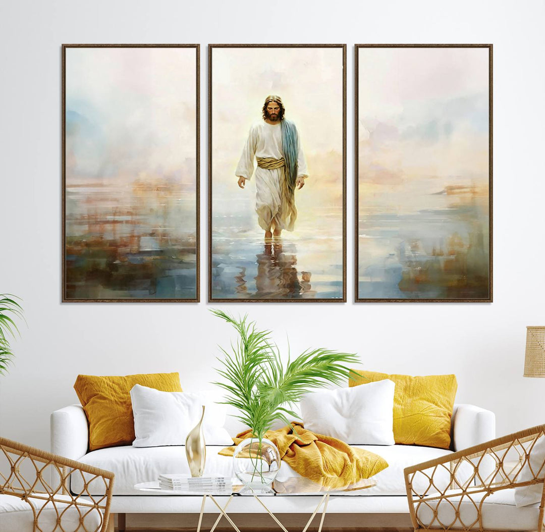 The 3-panel Framed Jesus Walking on Water Wall Art showcases a serene religious scene.