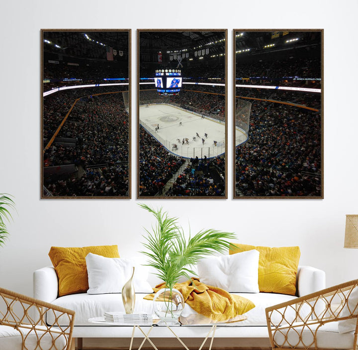 The wall art captures the essence of a Buffalo Sabres game on ice at KeyBank Center, making it deserving of a premium canvas print.