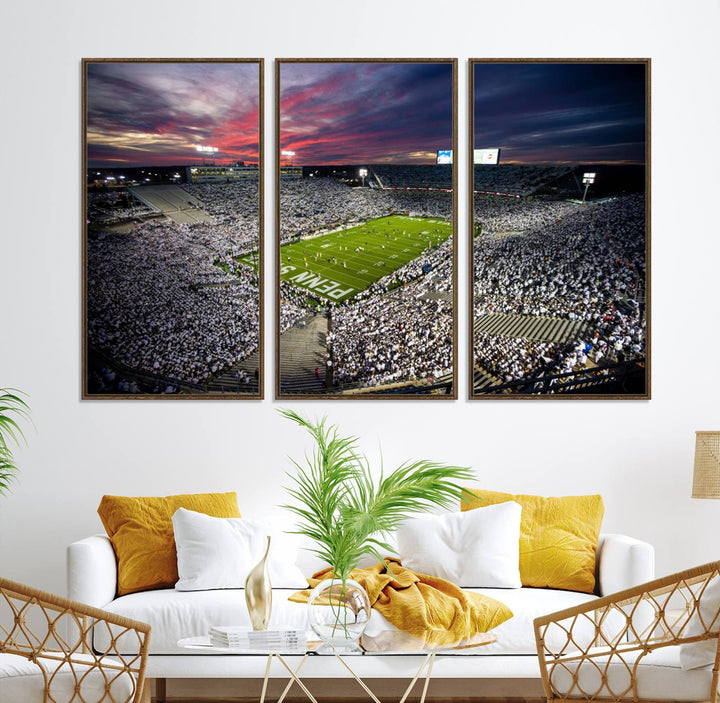 A sunset print on a canvas wall art piece captures the scene of white-clad fans at Beaver Stadium for the Nittany Lions game.