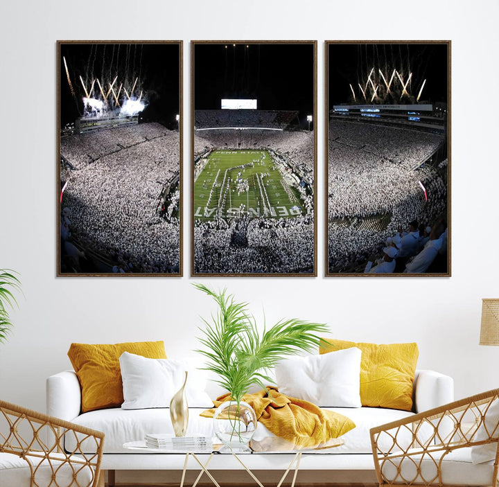 Wide-angle print of a packed stadium with fireworks, ideal gallery-quality wall art - Penn State Nittany Lions Canvas.