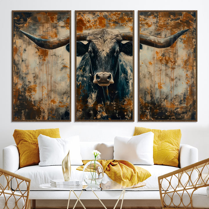 Abstract Longhorn Bull Wall Art | Rustic Western Wall Decor | Framed and Ready to Hang | Ideal for Farmhouse, Lodge, and Barn Decor