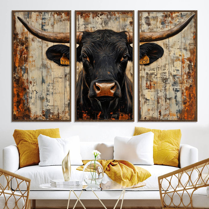 Rustic Texas Artwork Wall Art Canvas Print - Abstract Cow Longhorn Bull Wall Art Canvas Print