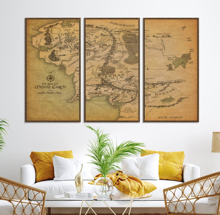 Vintage J.R.R. Tolkien Middle-Earth Map 3 Panel Canvas, perfect as wall art for home or office decor.