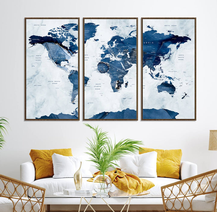 Navy Blue World Map with Antarctica Canvas: A perfect abstract home decor piece featuring a grunge-stained background.