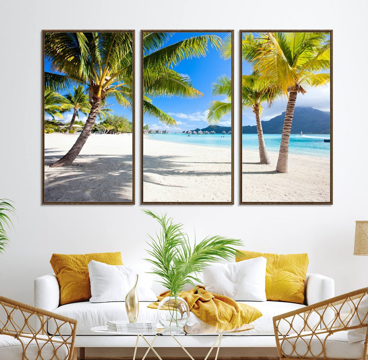 Blue Beach and Sea Wall Art Canvas Print: showcases a tropical scene with palm trees, white sand, and turquoise water.