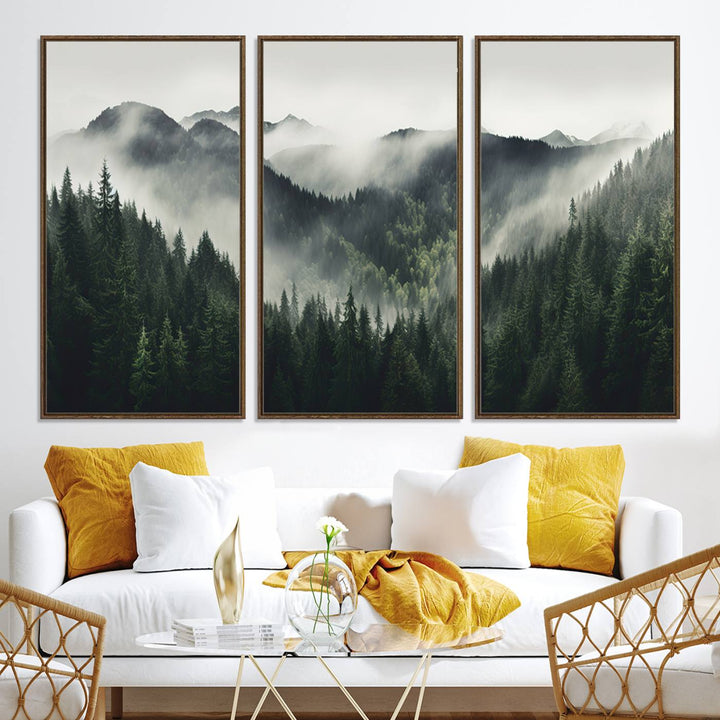 The Misty Forest Canvas Print Wall Art captures a serene misty forest scene with fog and mountains.