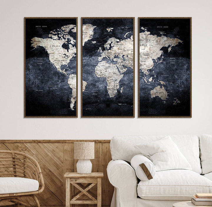 Rustic Black and Bronze World Map Canvas Triptych features white continents on a grunge-stained background.