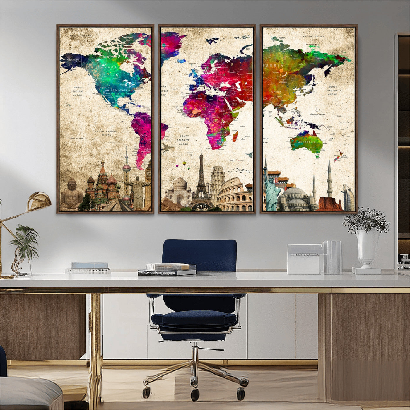MGV-FC-48X32-3P - Push Pin World Map Canvas Print – Framed Wall Art for Couples to Track Their Travels – Anniversary