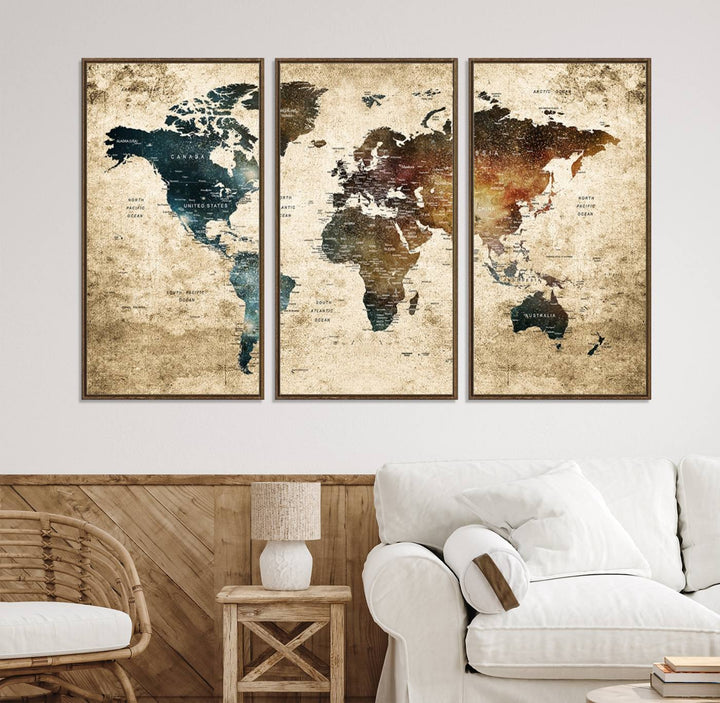 Grunge World Map Canvas featuring earth-toned continents, suitable for study, office, or living room.