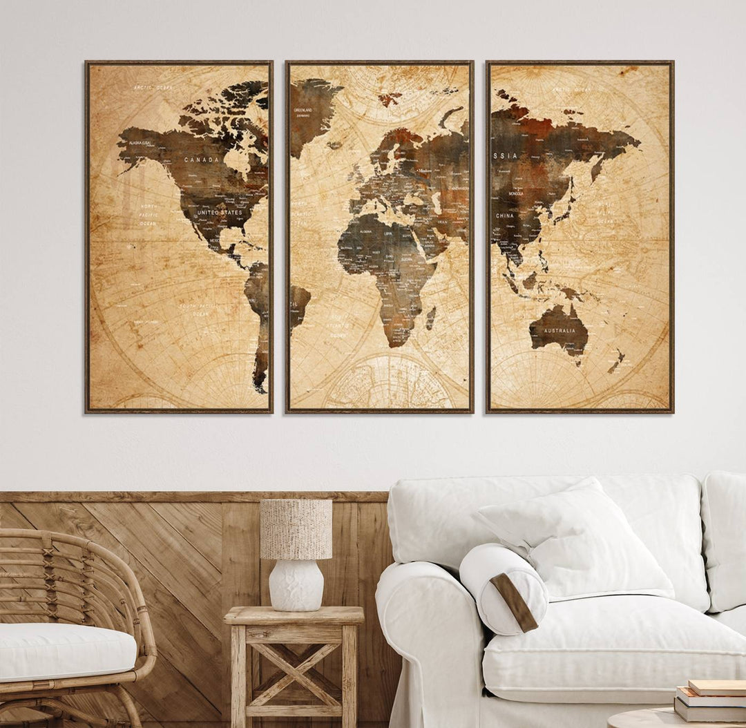 Vintage World Map: 3-Panel Canvas Print in antique rustic style. Framed and gallery wrapped. Ideal for decor.