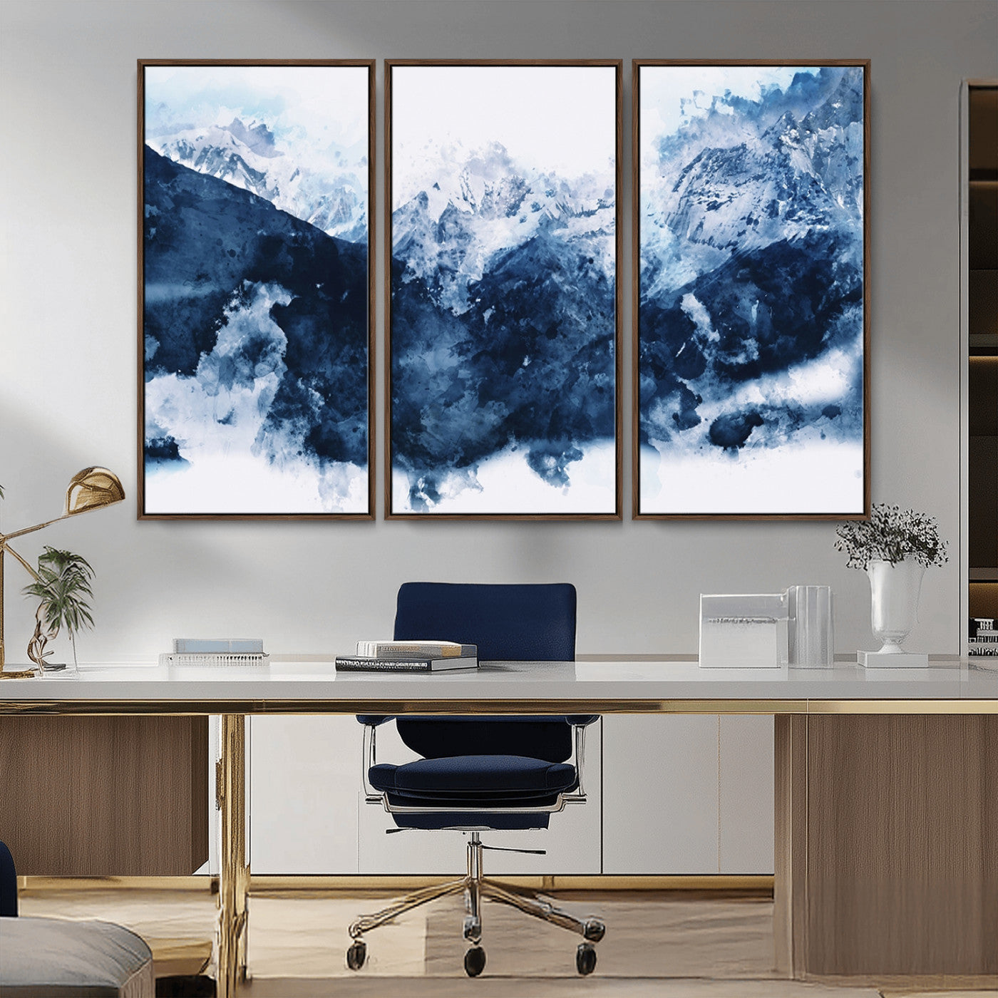 81700-MGV-CV-36X24-Abstract Blue Mountain Canvas Wall Art – Modern Triptych Landscape Print – Contemporary Nature Decor for Living Room or Office – Ready to