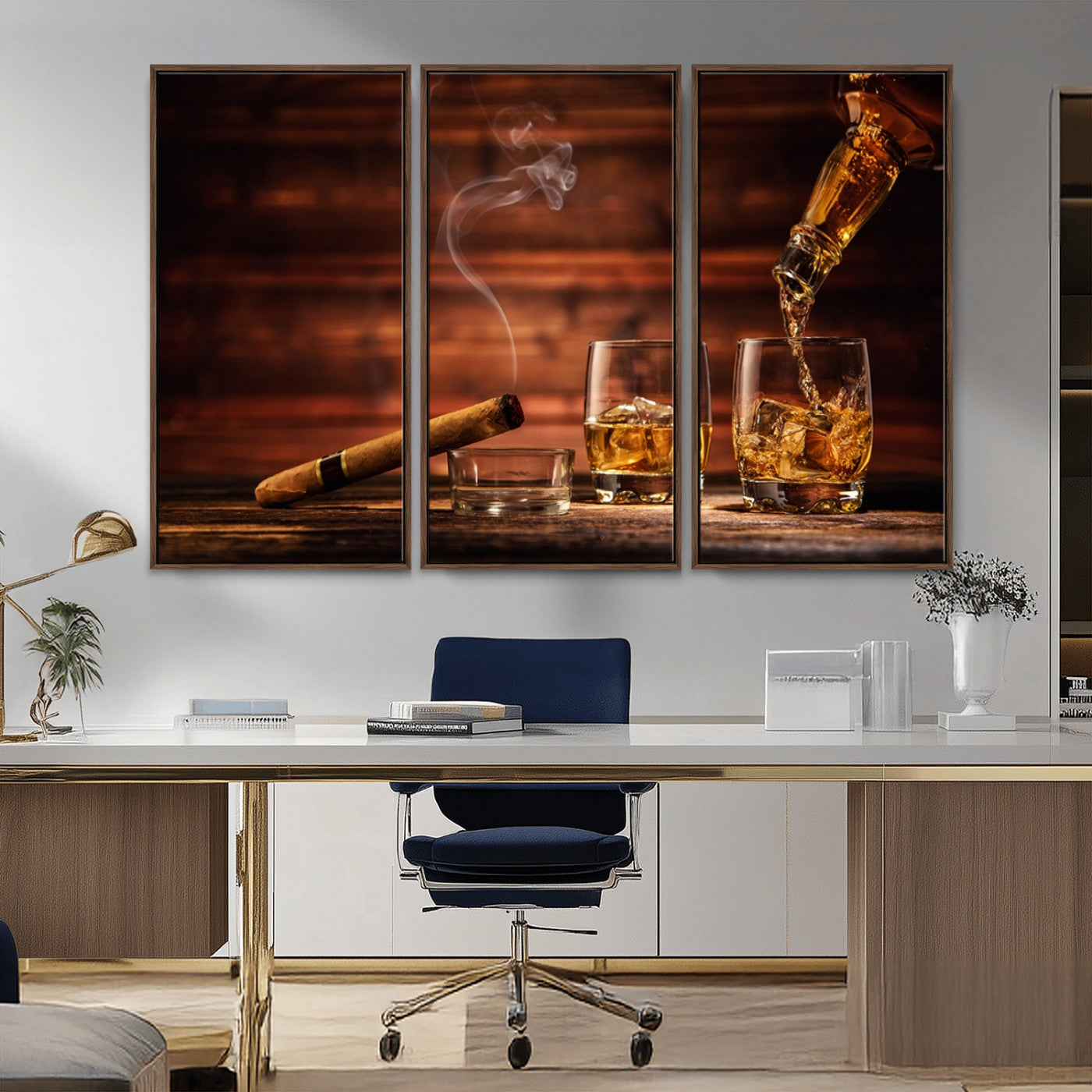 MGV-FC-48X32-3P - Whiskey and Cigar Wall Art Canvas | 3 Panel Bar Room Decor for Home Lounge, Office, or Man Cave |