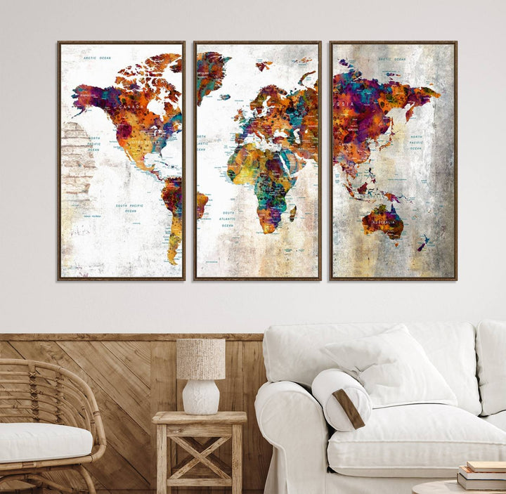 A vibrant Grunge Map Canvas Wall Art Set (3 Panels) for home or office decor, perfect for travel enthusiasts.