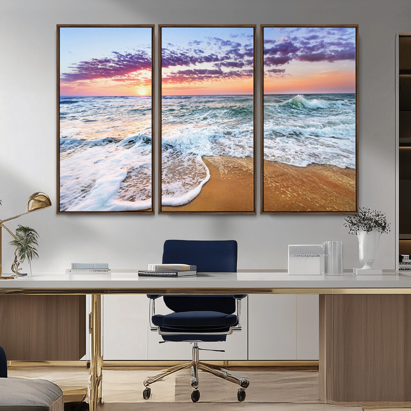 MGV-FC-48X32-3P - Coastal Sunset Art Beach Canvas Wall Art Print | Ocean Waves Wall Art | Large 3-Panel Seascape for