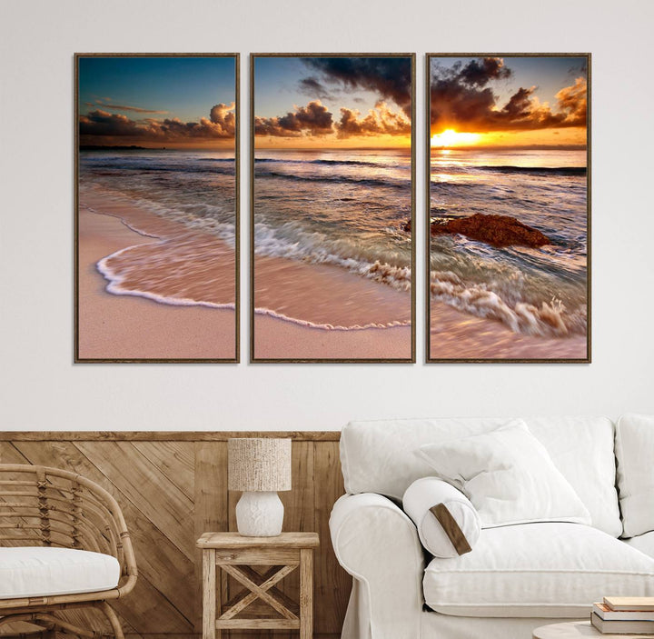 The Sunset on Ocean Wall Art Canvas Print beautifully captures a beach sunset, gentle waves, and a peaceful atmosphere.