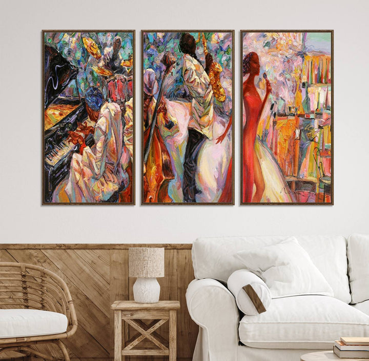 The Abstract Afro American Jazz Canvas captures a vibrant jazz band and showcases a woman dancing in red, making it perfect for dining or music spaces.