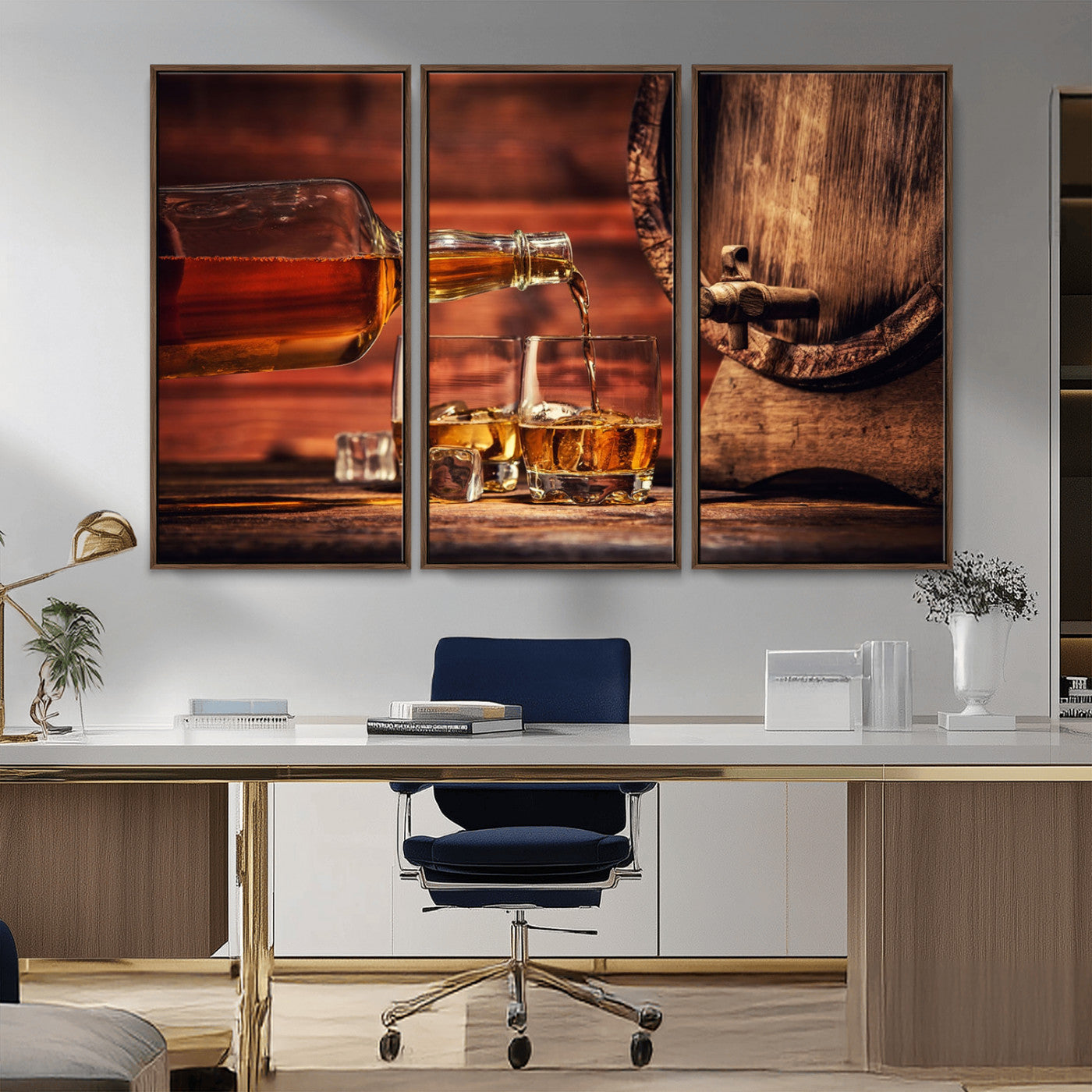 MGV-FC-48X32-3P - Whiskey and Cigar Canvas Wall Art | 3 Panel Bar Room Decor for Home Lounge, Office, or Man Cave |