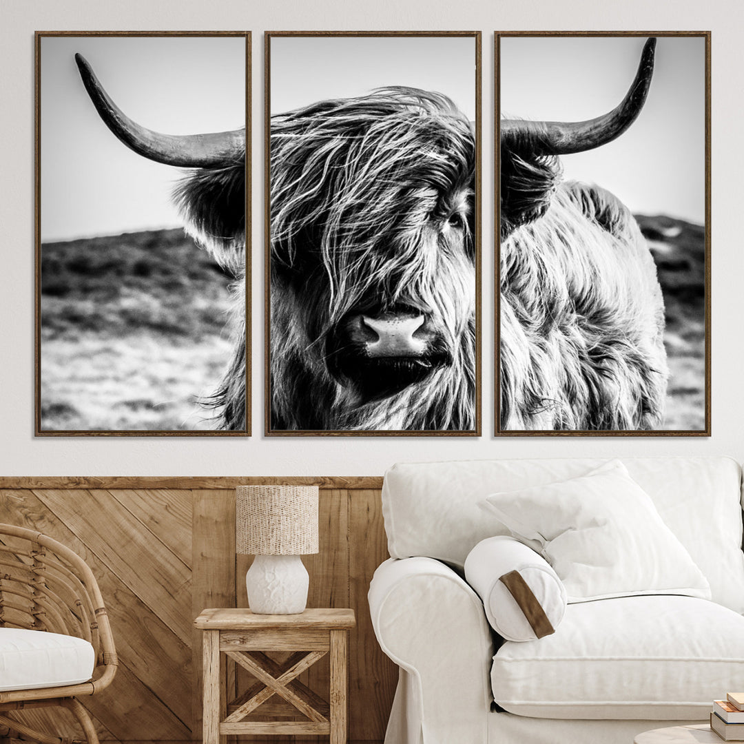 Highland Cow Wall Art | 3-Panel Black and White Highland Cow Canvas Print for Western Farmhouse Decor