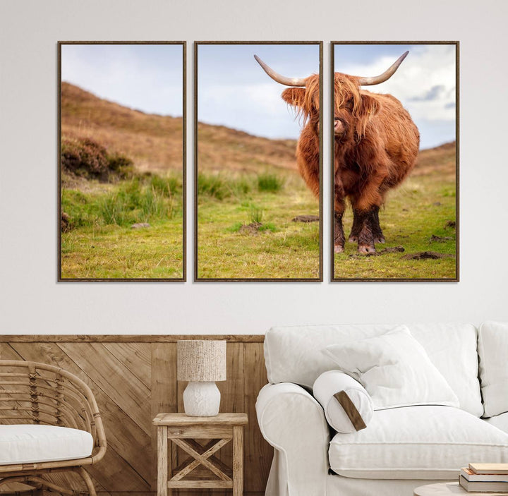 A Highland Cow Animal Canvas Wall Art hangs on the wall, adding warmth to the room.