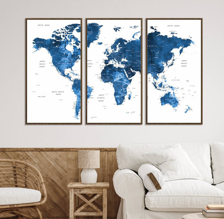 Navy Blue Wall Art World Map Canvas Print, an ideal piece for anyone seeking unique home or office decor.