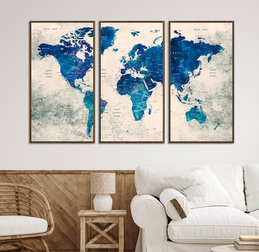 Navy Blue Push Pin World Map Canvas Print featuring a grunge-stained background, with labeled countries and oceans.