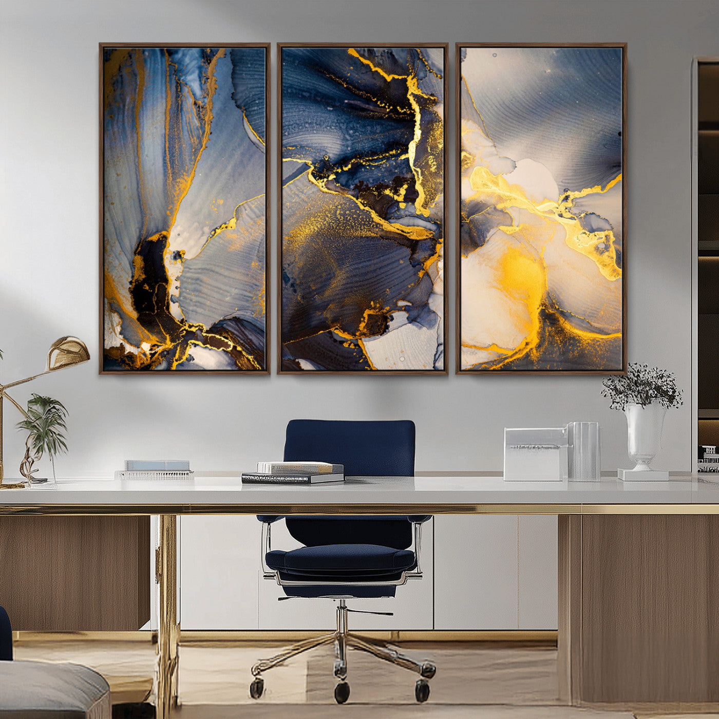 42100-MGV-CV-36X24-Large Abstract Wall Art Print - Gold and Blue Abstract Canvas Wall Art | Fluid Ink Modern Luxury Wall Decor for Living Room Decor