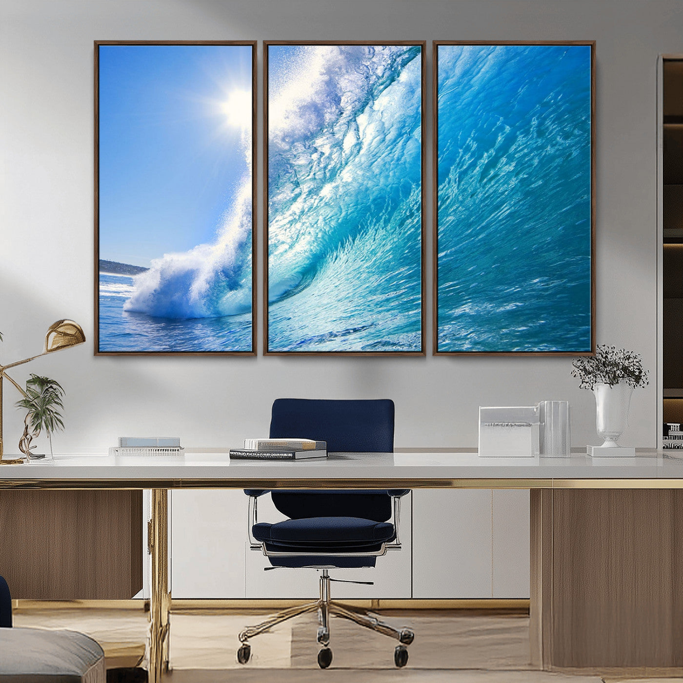 MGV-FC-48X32-3P - Blue Big Wave Surfing Ocean Canvas Wall Art Artwork Print , Surf Wall Art, Sea Wall Art