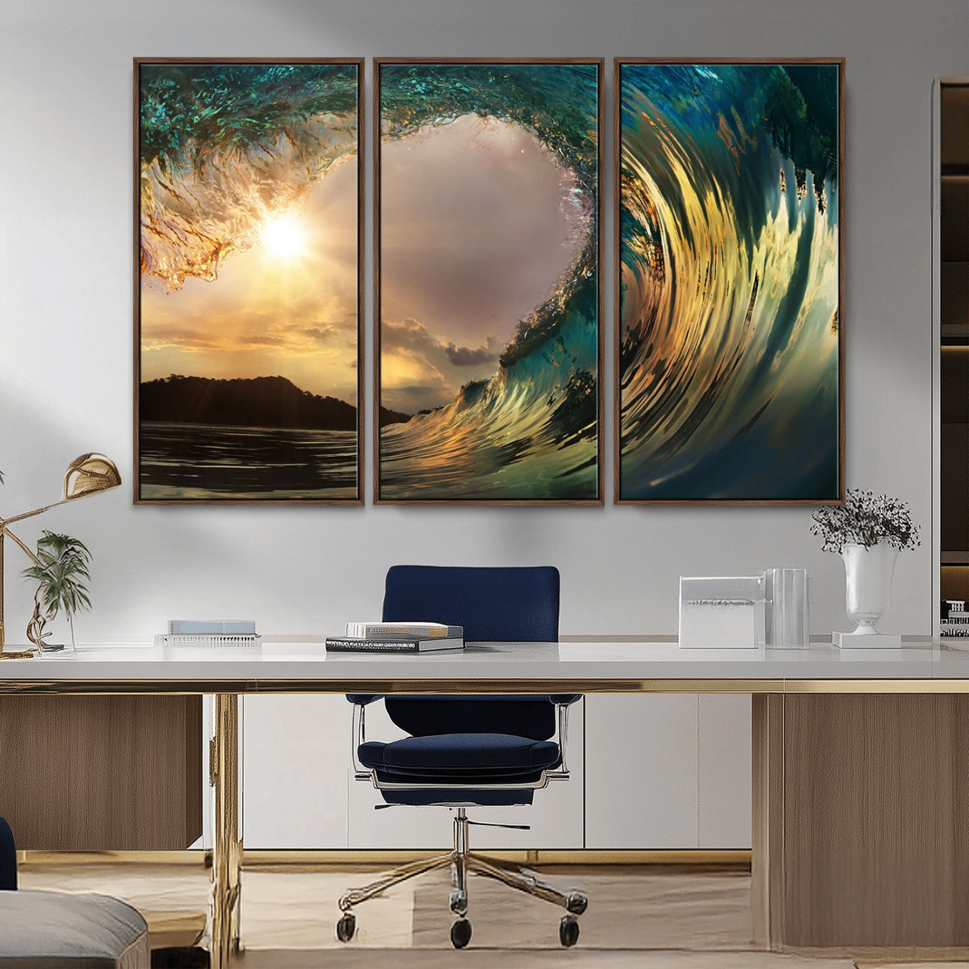 MGV-FC-48X32-3P - Golden Wave Sunset Giclee Canvas Print – Large Coastal Wall Art for Nature Lovers, Captivating Ocean Wave Decor