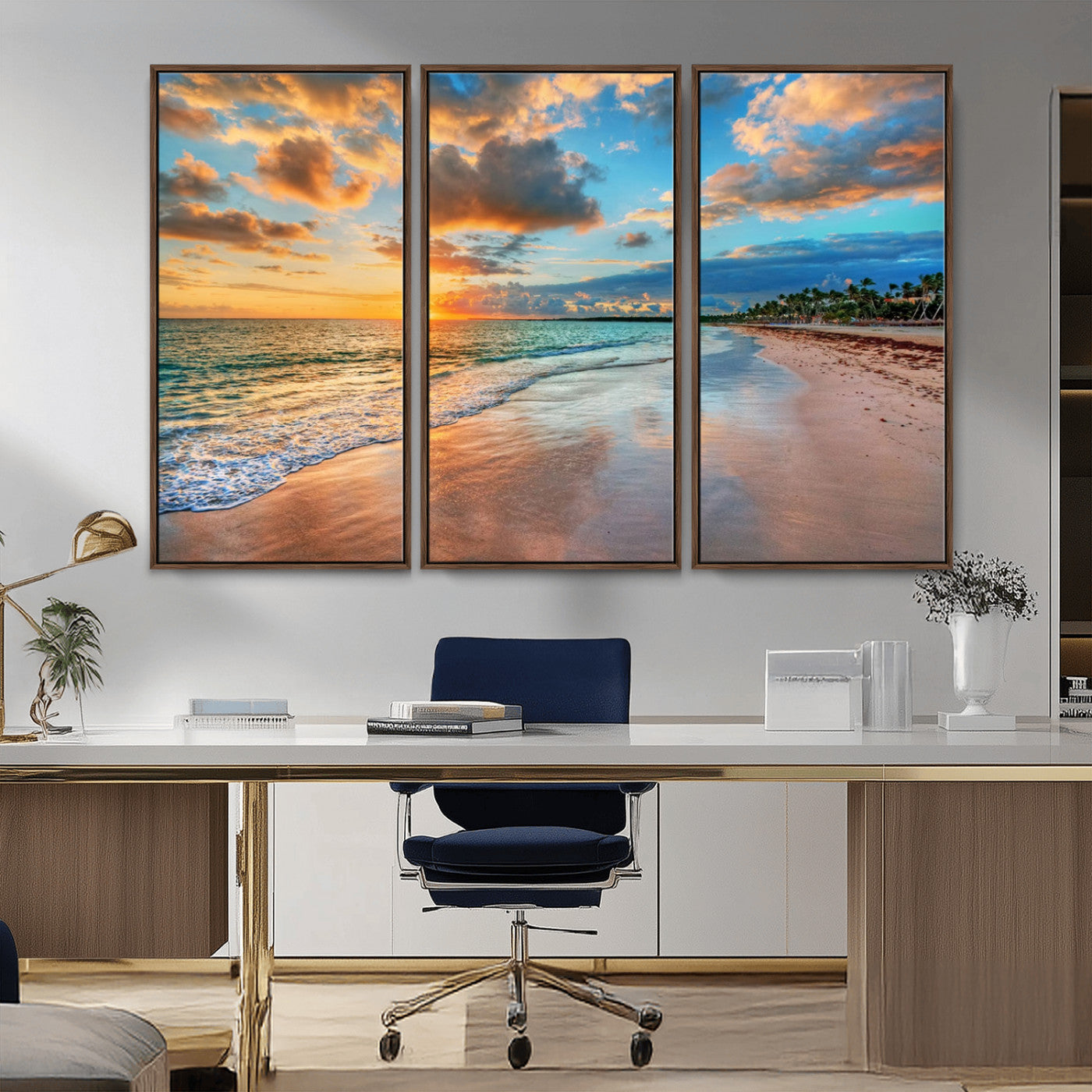 MGV-FC-48X32-3P - Sunset Ocean Waves on Tropical Beach, 3-Panel Giclee Canvas Art for Coastal Home Decor, Vibrant Palm-Lined Shore