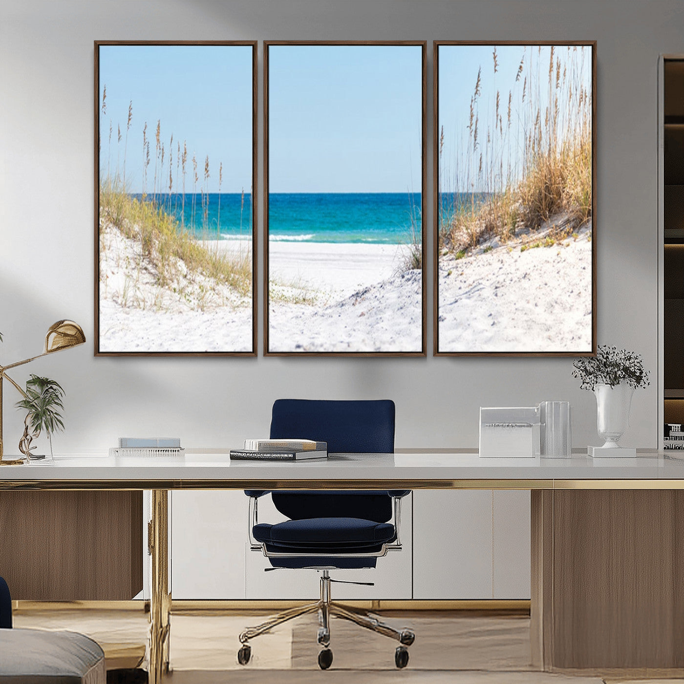 MGV-FC-48X32-3P - Serene Coastal Dune Path with Ocean View, 3-Panel Beach Canvas Wall Art, Tranquil Seascape Giclee Print, Gallery Wrap, Perfect for Coastal Home Decor