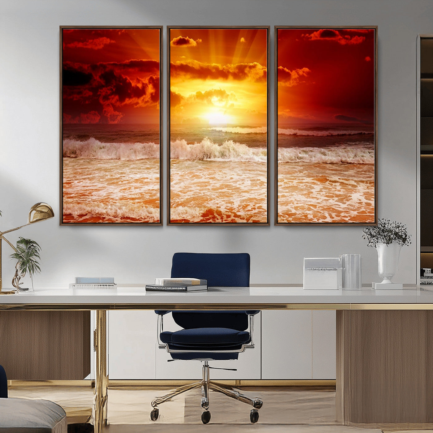 MGV-FC-48X32-3P - Red Sunset Ocean Beach Canvas Wall Art Beach Canvas, Coastal Sunset Print
