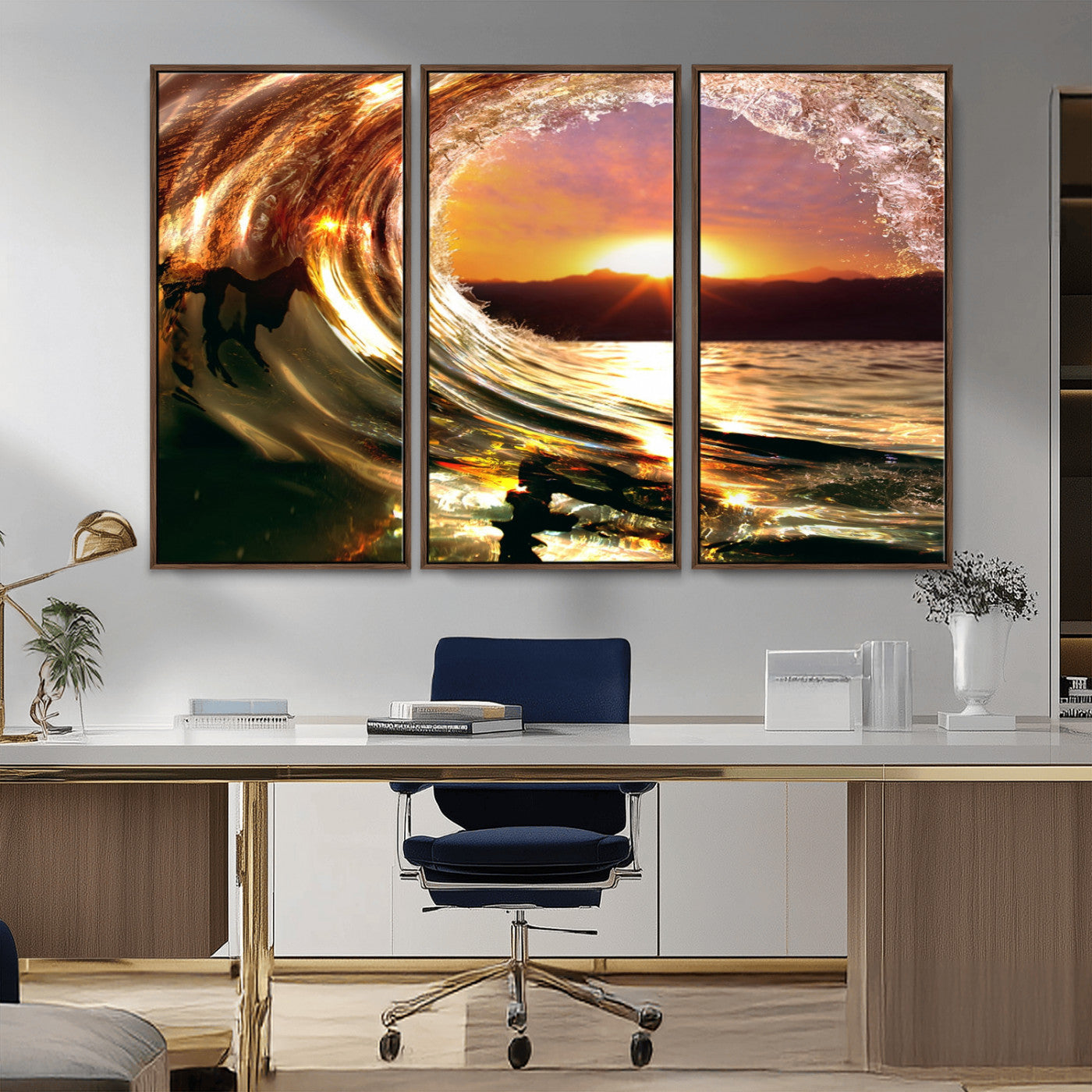 MGV-FC-48X32-3P - Golden Wave Sunset Triptych Canvas Art, Giclee Canvas Print of Ocean Wave and Sunset, Framed Ocean