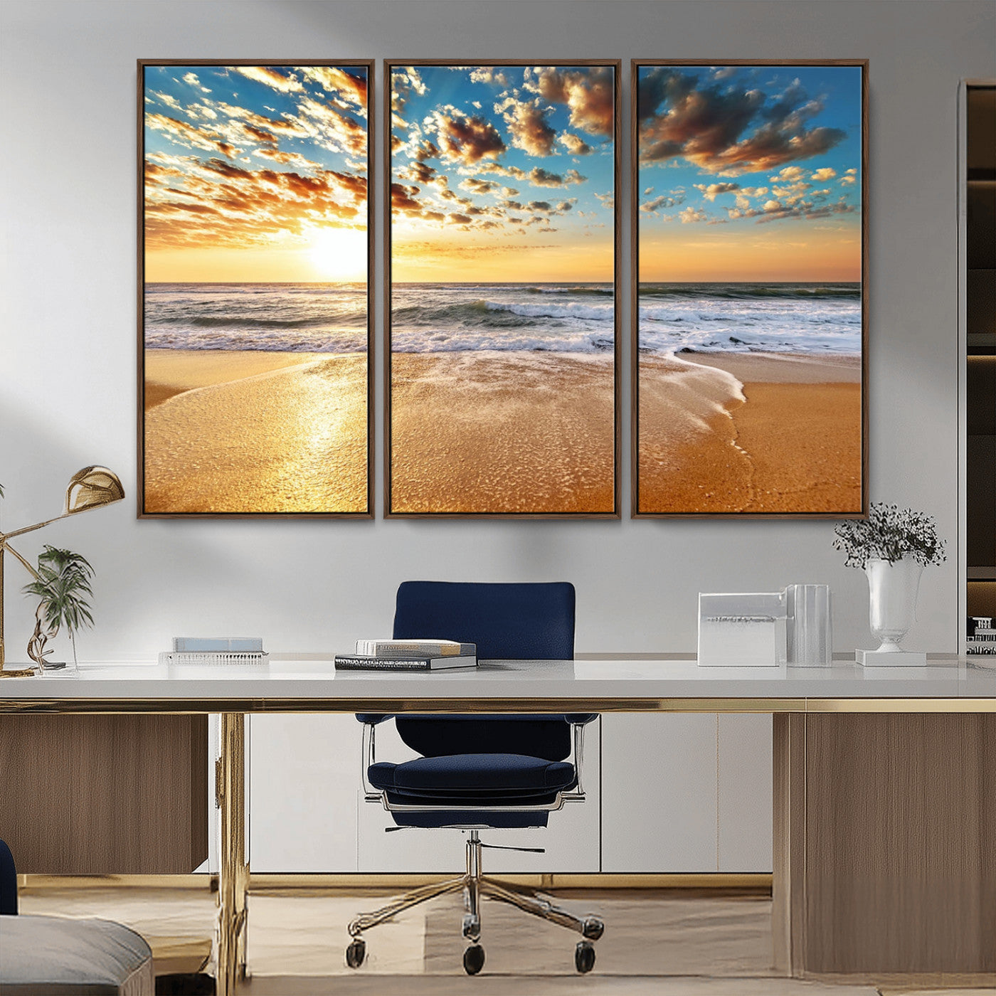 MGV-FC-48X32-3P - Golden Sunset Beach Print Canvas Wall Art, Giclee Canvas Print with Canon Print Quality, Triptych