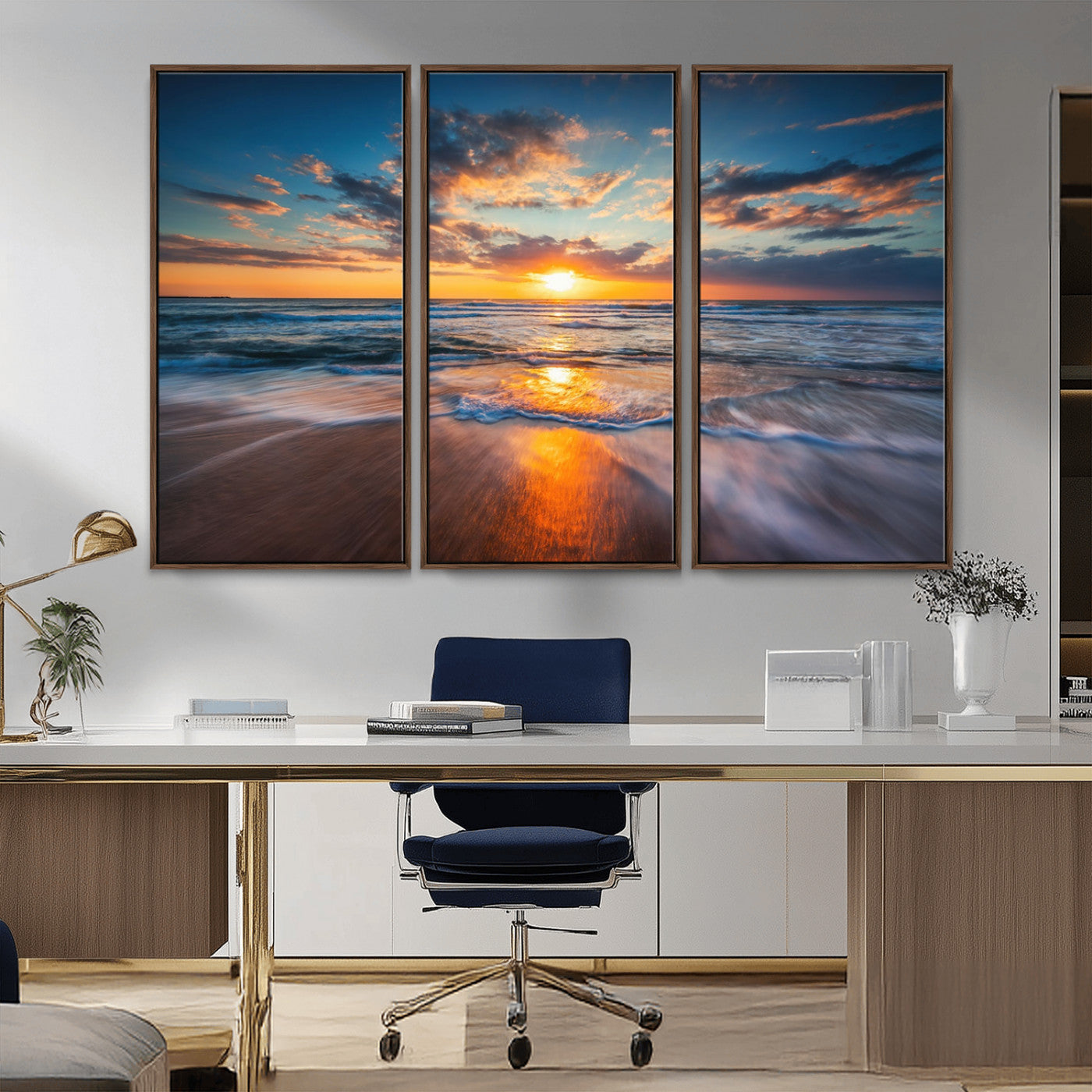 MGV-FC-48X32-3P - Sunset on the Ocean Beach with Waves, Reflections on Sand, Coastal Wall Art Print, Beach Wall Art,